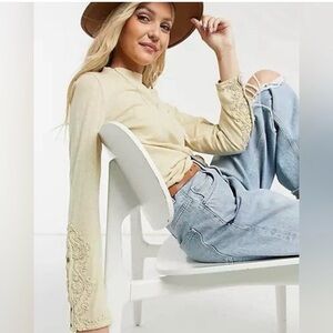 Free People We the Free Hooked On You Mock Meck Embroidered Long Sleeve Top